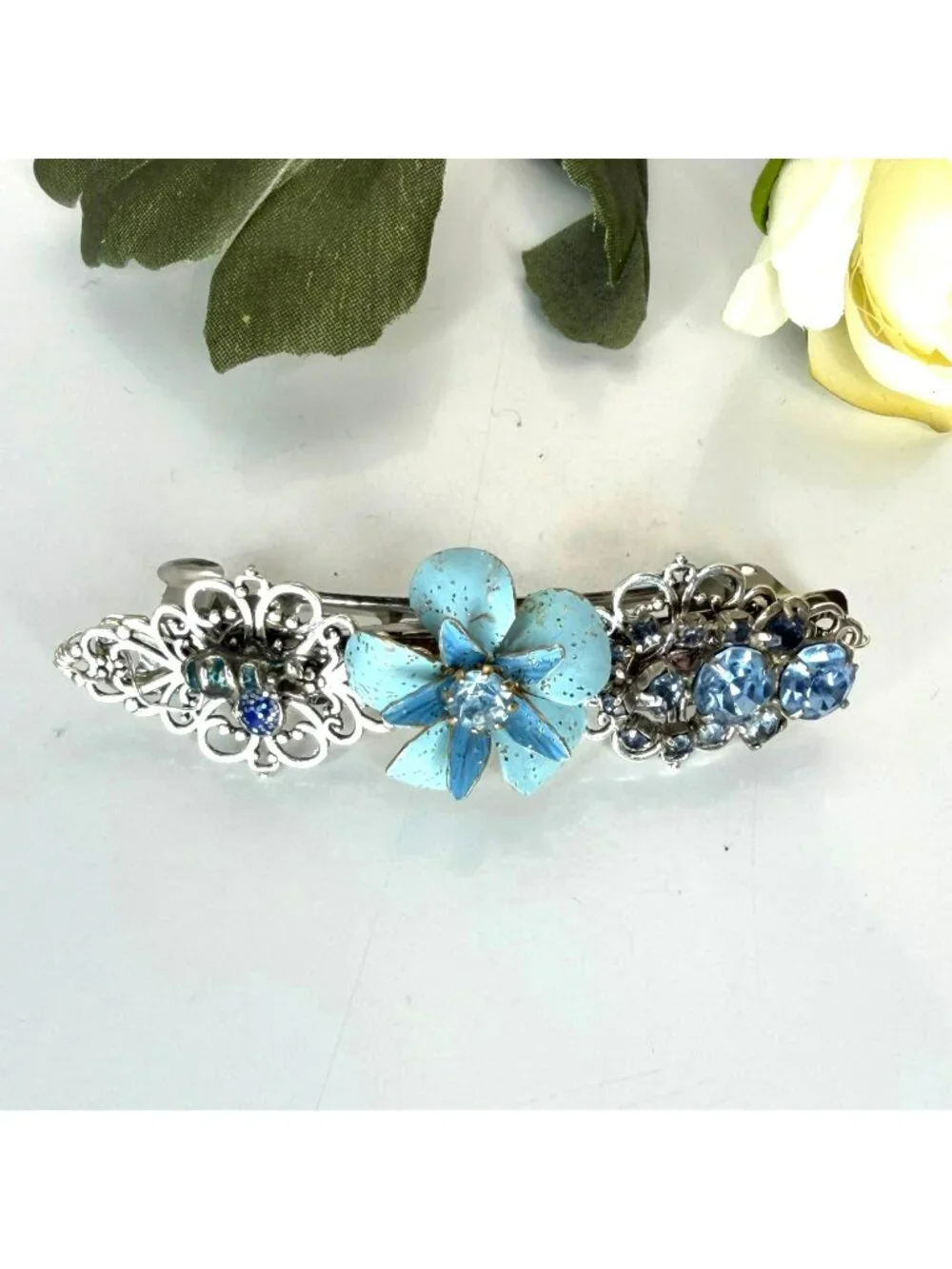 Blue Flower Barrette | Handmade Vintage Jewelry Hair Clip | One of a Kind Floral